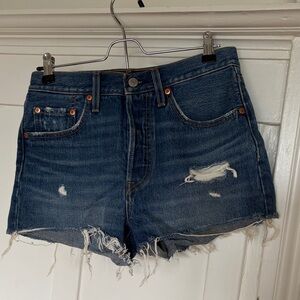 Levi's Dark Blue Distressed High-Rise Jean Shorts